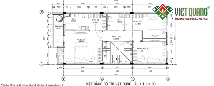 Lầu 1 là không gian nghỉ ngơi với 3 phòng ngủ