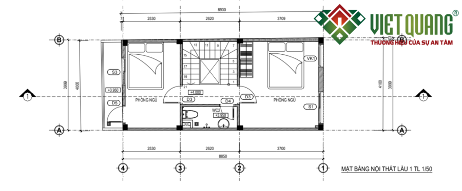 Mặt bằng nội thất lầu 1 gồm 2 phòng ngủ và phòng vệ sinh chung