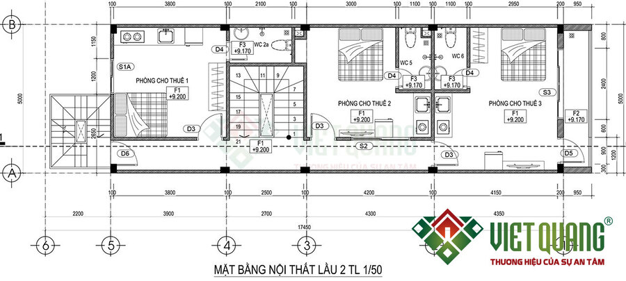 Lầu 2 và lầu 3 là mặt bằng cho thuê phòng với 3 phòng mỗi lầu