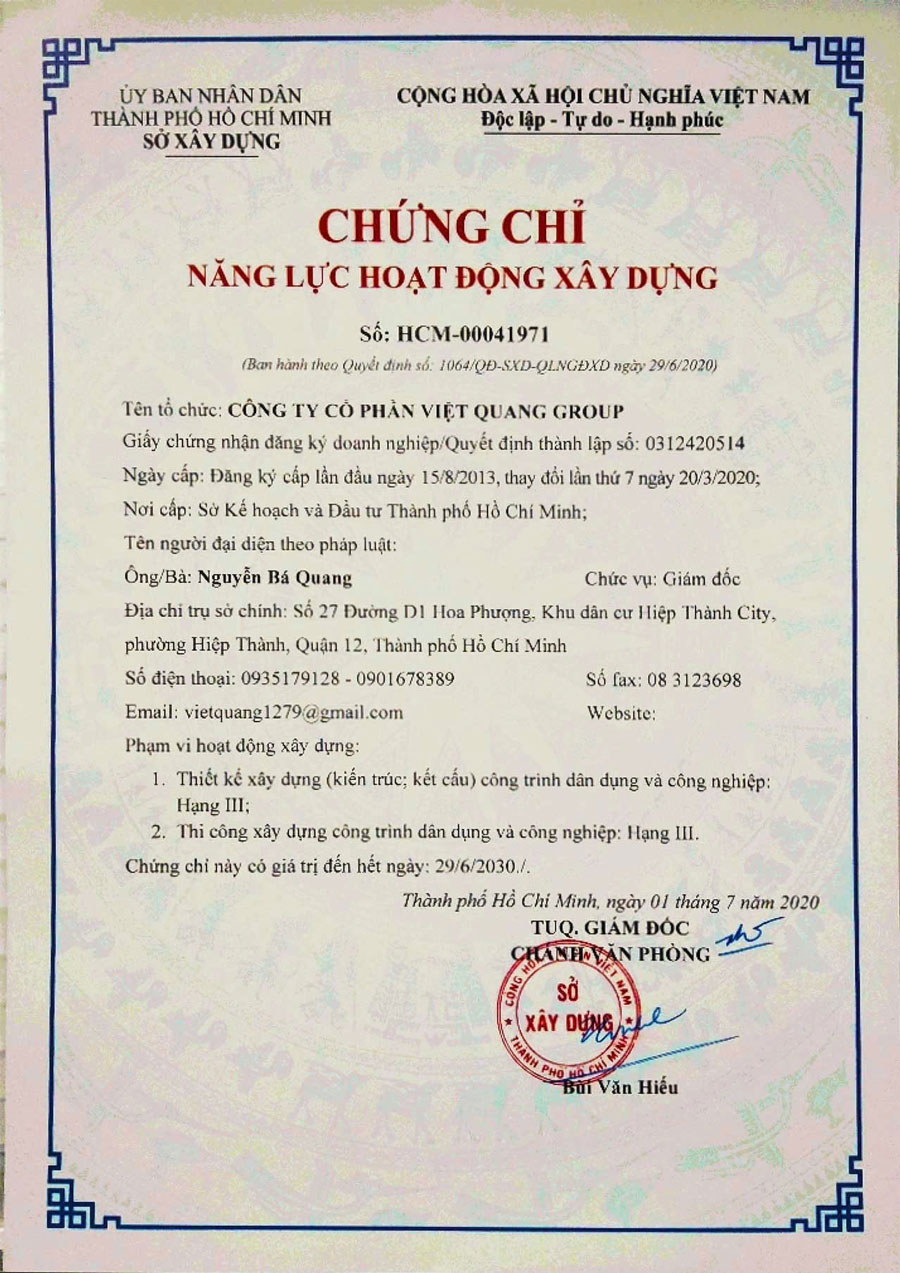 Chứng chỉ năng lực hoạt động xây dựng Việt Quang Group 