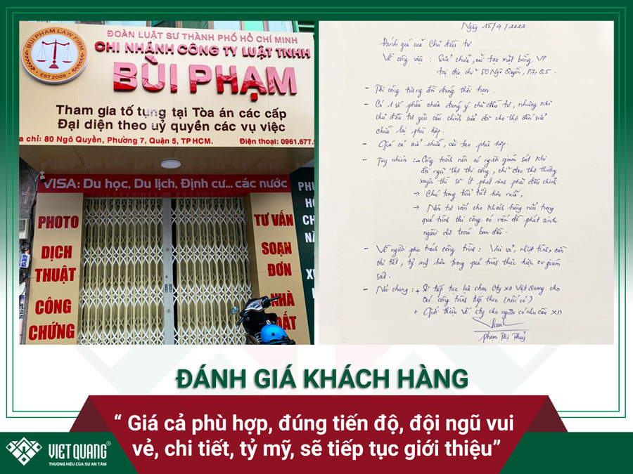 Đánh giá của chị Thủy về công tác sửa chữa cải tạo văn phòng Luật ở Quận 5