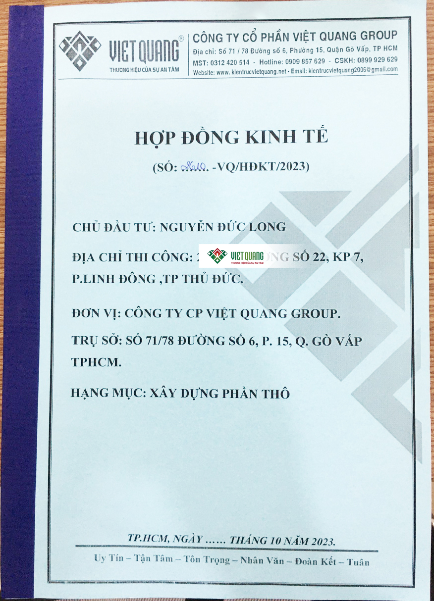 Hợp đồng xây nhà phố trọn gói 3 Lầu Sân Thượng Diện tích 5x20m Anh Long ở Thủ Đức