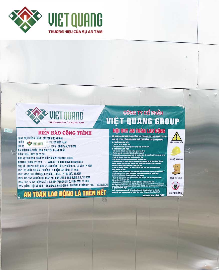 Hình ảnh biển báo công trình sửa chữa, cải tạo trọn gói kho xưởng cho Công Ty ZoomLion Việt nam với diện tích hơn 2000 m2.
