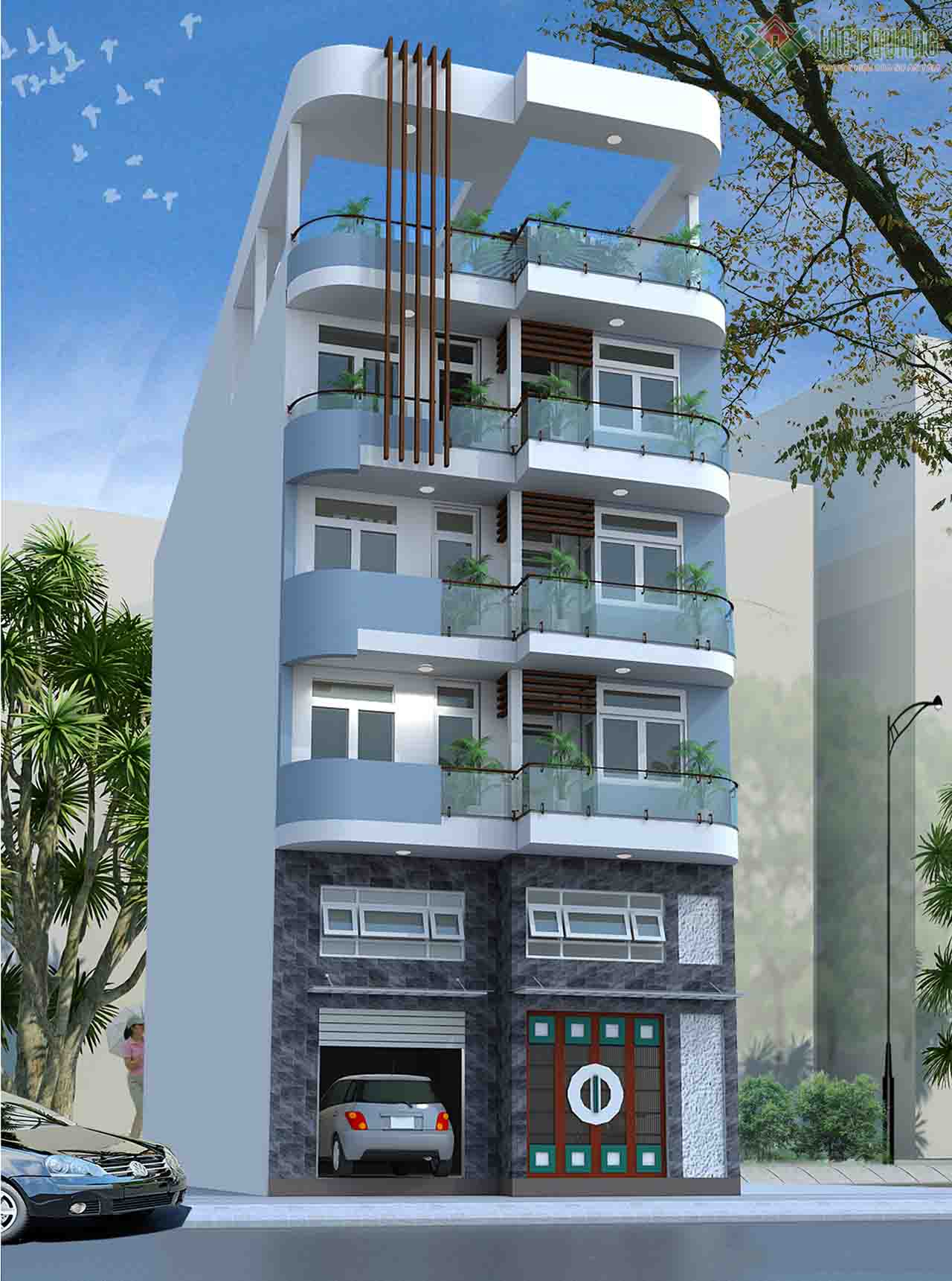 Mẫu thiết kế nhà phố 5 tầng hiện đại hai căn nhà liền kề 8x16m