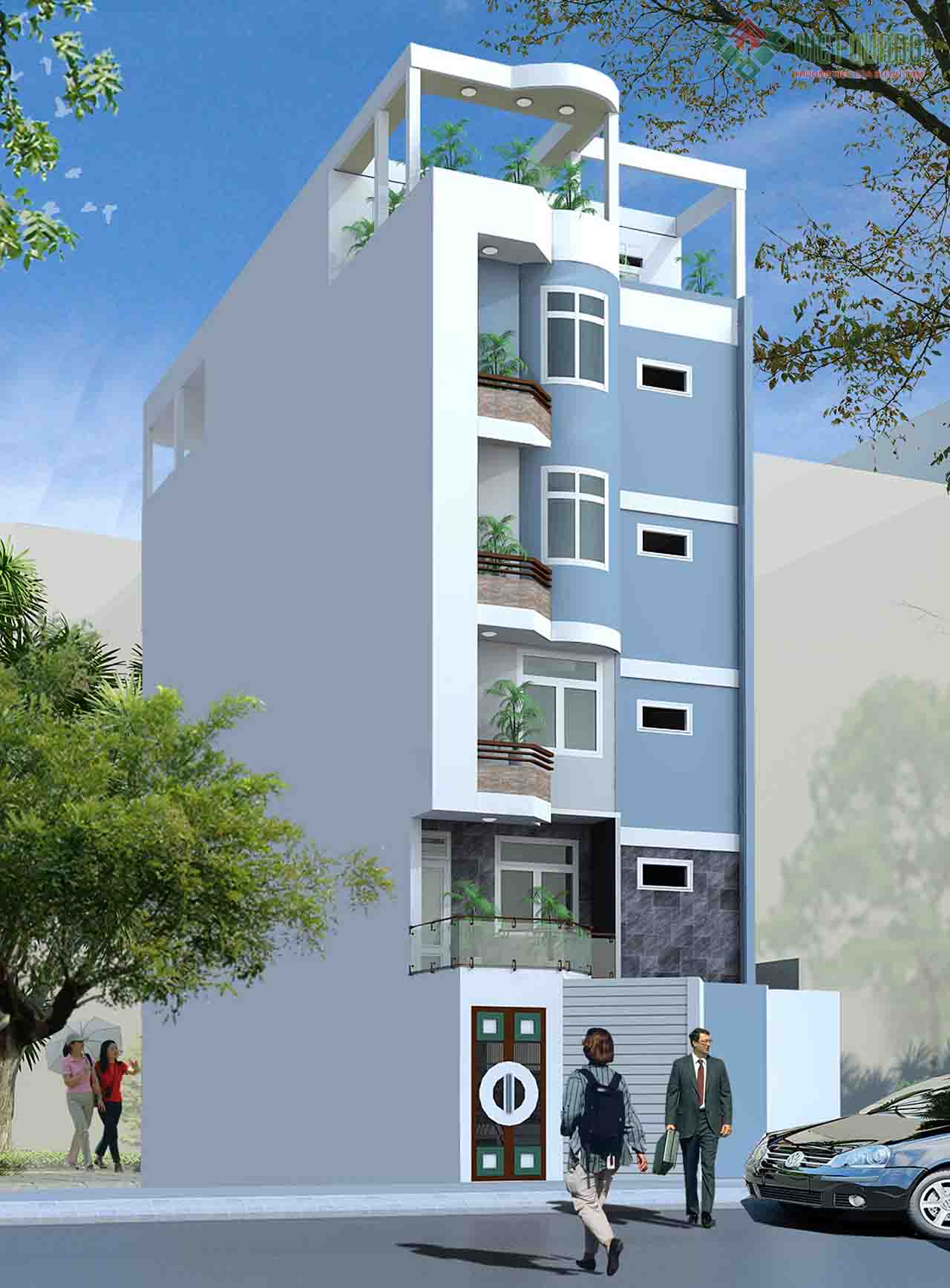 Mẫu thiết kế nhà phố 5 tầng hiện đại hai căn nhà liền kề 8x16m