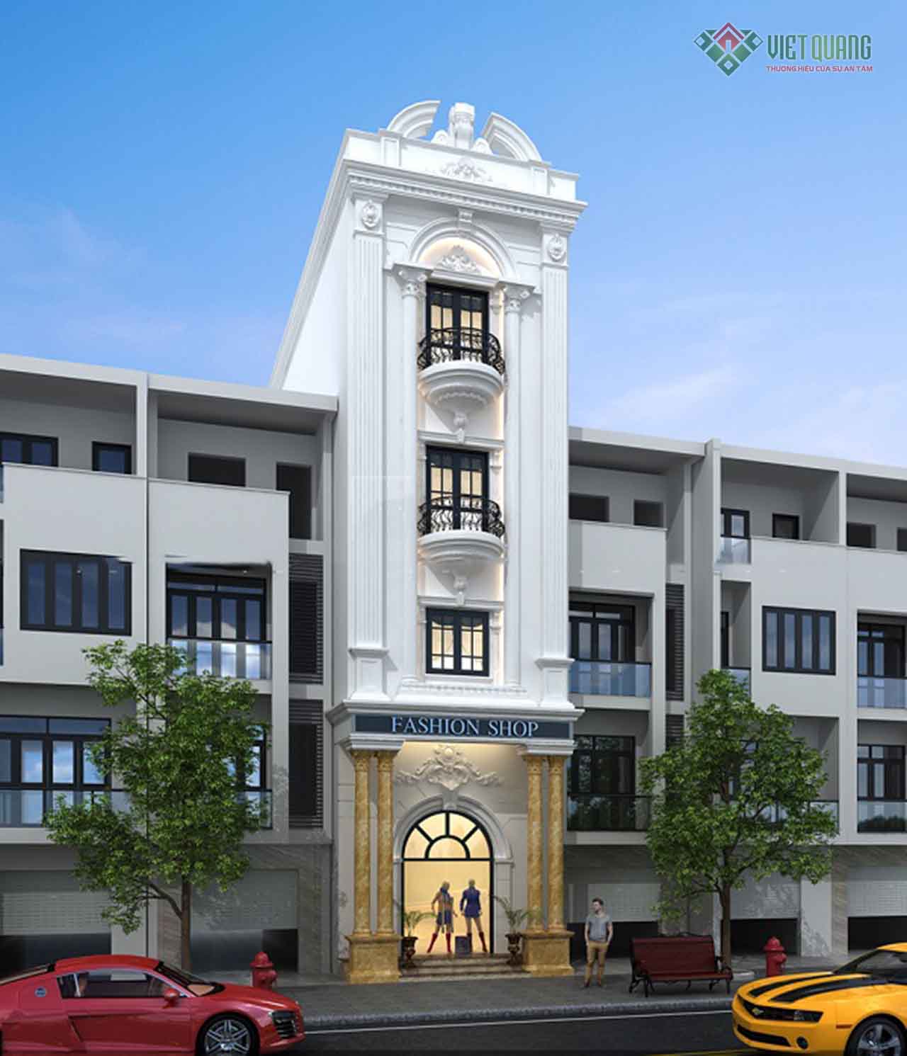 Mẫu nhà phố tân cổ điển 4 tầng 4x14m – vẻ đẹp sang trọng kết hợp kinh doanh thời trang 