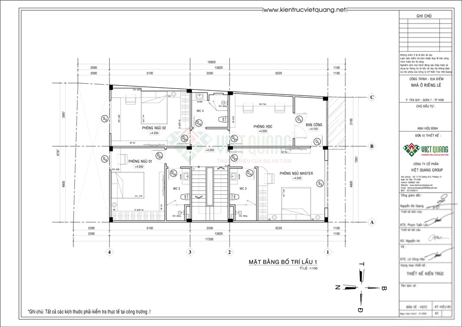 Bố trí mặt bằng công năng nhà phố hiện đại 1 trệt 1 lầu sân thượng 9x17m tại anh Bình Quận 7