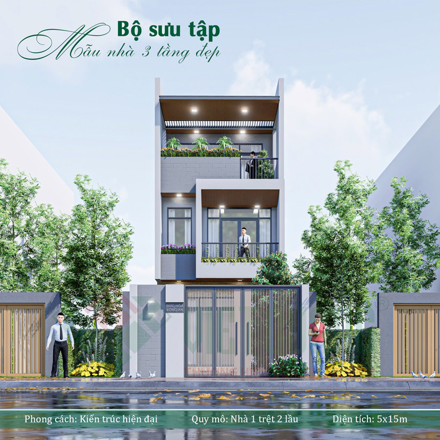 Bố trí công năng nhà phố 3 tầng hiện đại 5x15m nhà anh Hoàng ở Tỉnh Long An