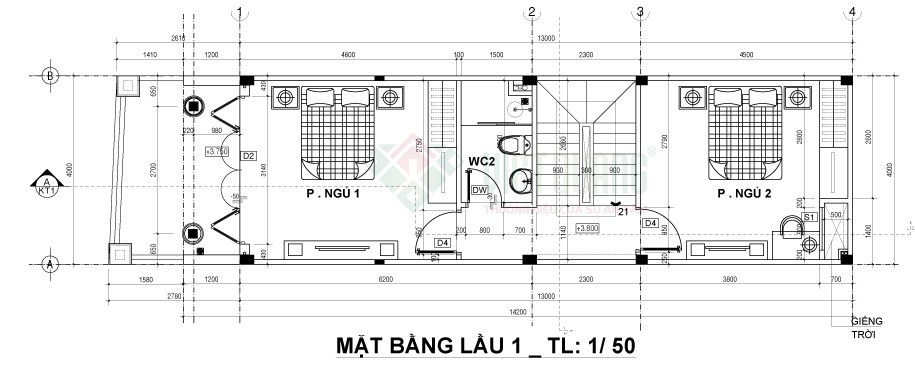Bố trí công năng lầu 1 nhà anh Sơn