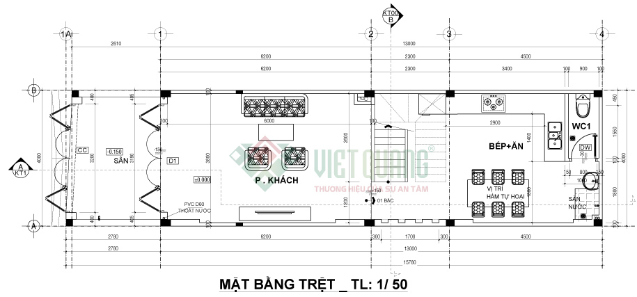 Bố trí công năng tầng trệt nhà anh Sơn