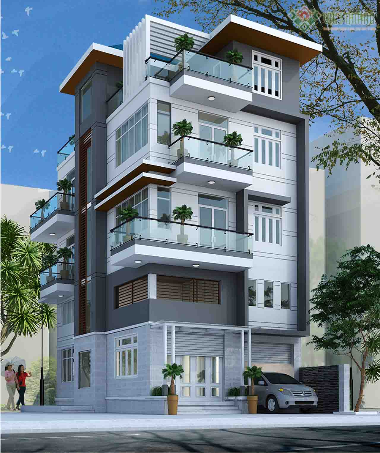 Mẫu thiết kế nhà phố 4 tầng 2 mặt tiền có tầng lửng – Diện tích 8x15m 