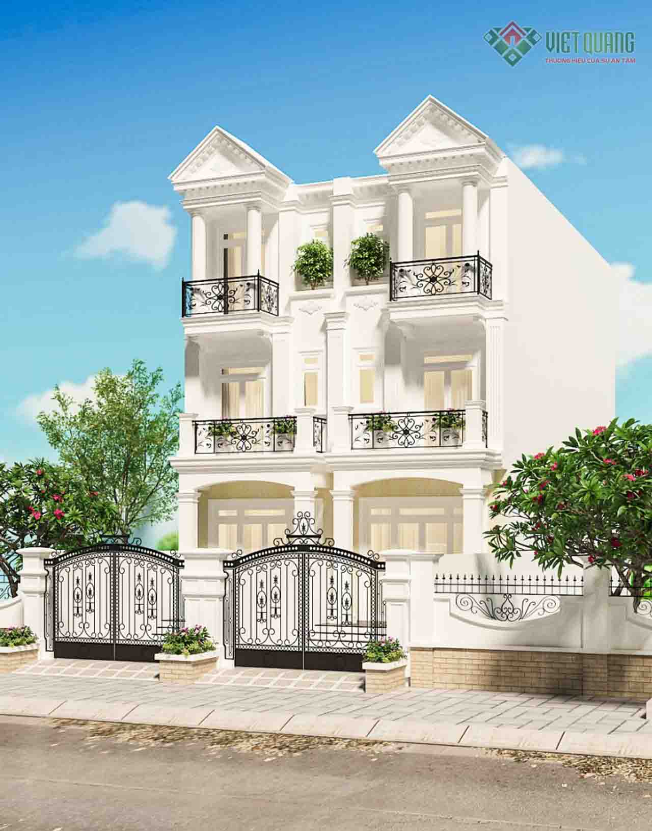 Thiết kế nhà phố cổ điển 3 tầng 2 căn liền kề 8x14m