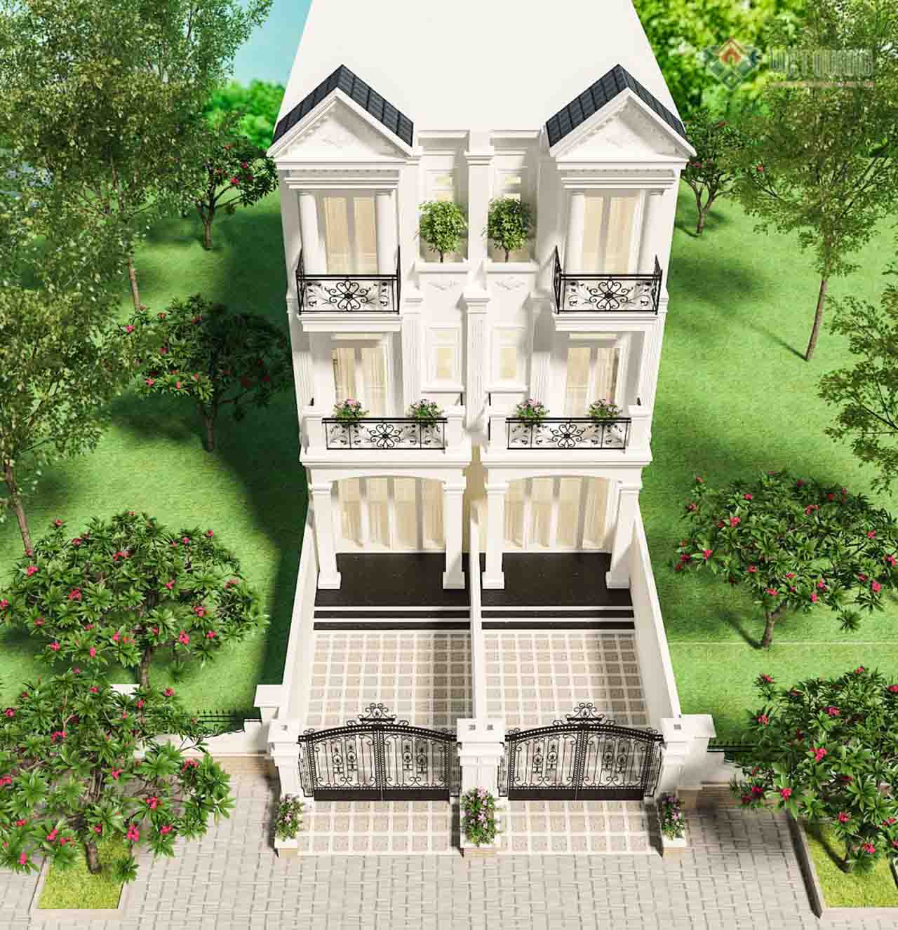 Thiết kế nhà phố cổ điển 3 tầng 2 căn liền kề 8x14m