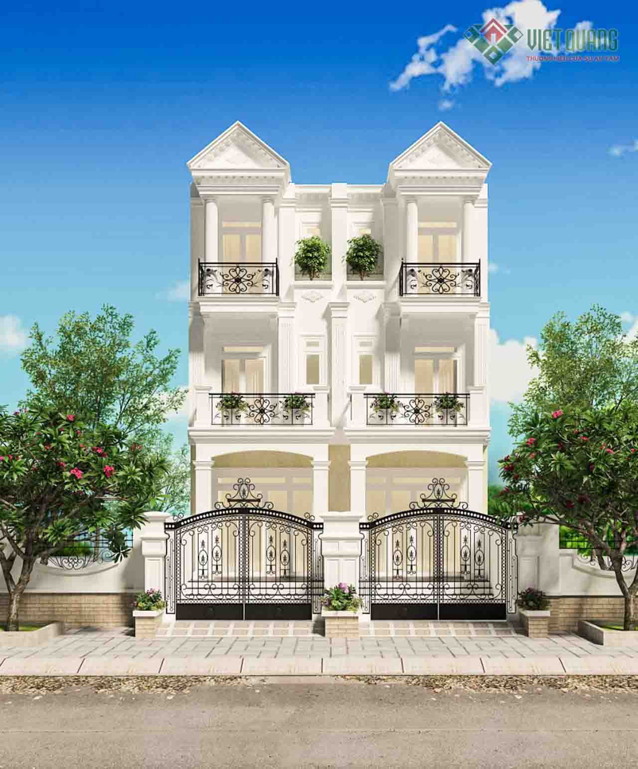 Thiết kế nhà phố cổ điển 3 tầng 2 căn liền kề 8x14m