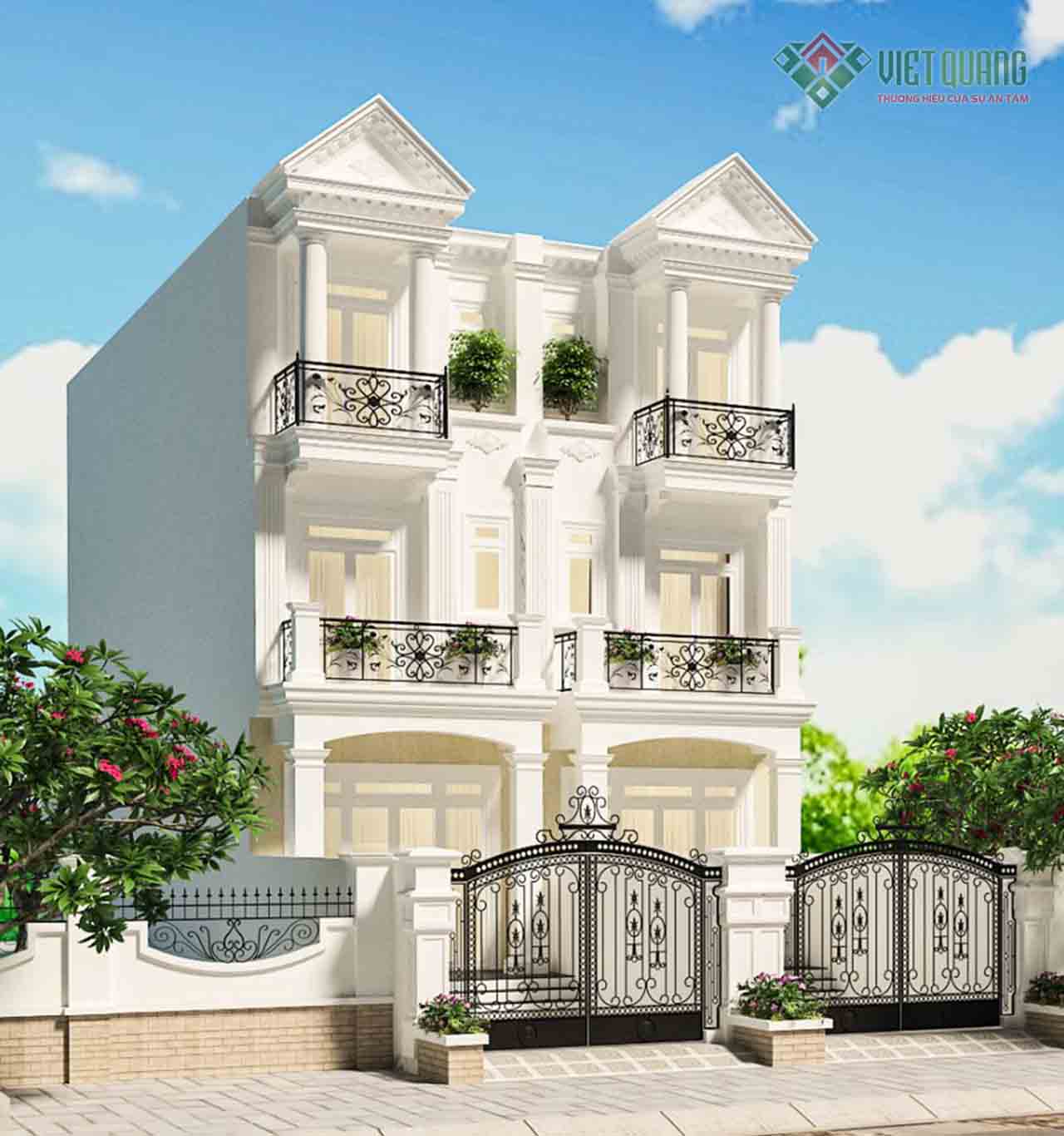 Thiết kế nhà phố cổ điển 3 tầng 2 căn liền kề 8x14m 