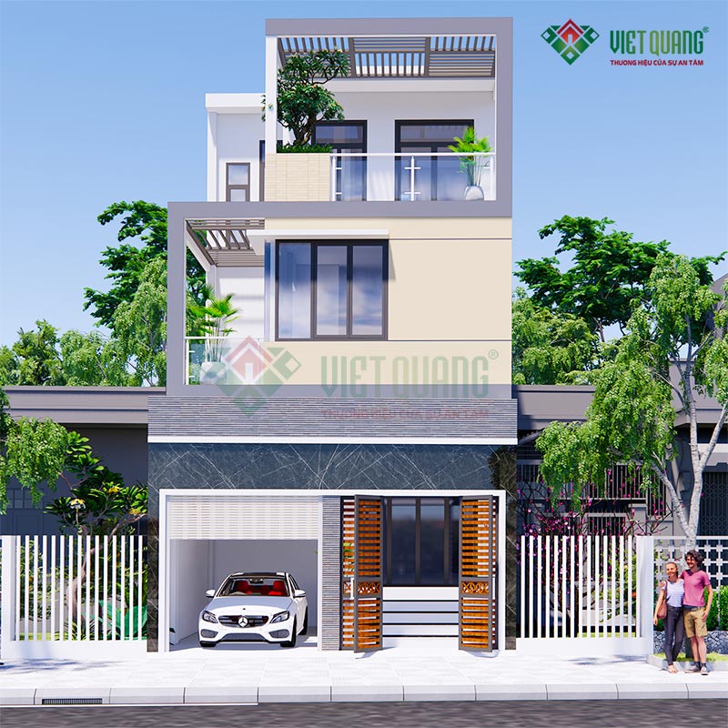 Mẫu thiết kế nhà phố 3 tầng có gara ô tô 6.4×13.5m 